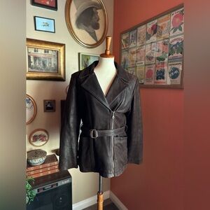 Vintage Oakwood Dark Brown Leather Jacket with Belt